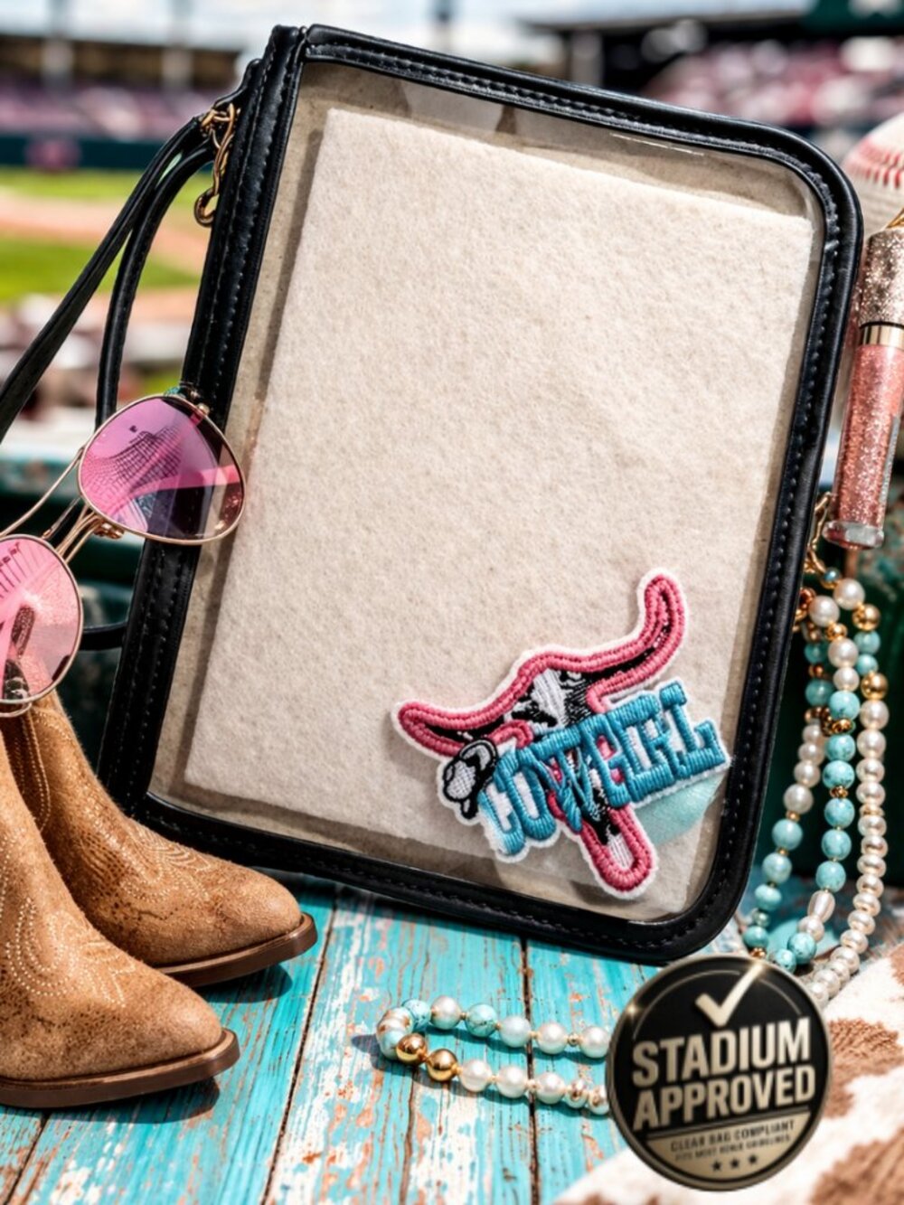 Stadium Approved Clear Clutch Pink Cowgirl Patch Festival Concert Bag NWT